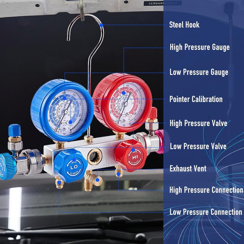 BACOENG AC Gauge Set for R32 R134a R410a R12, Automotive A/C Refrigerant Recharge Kit HVAC Manifold Gauge Set with 5FT Hoses, Quick Couplers, Puncture and Self Sealing Can Tap - Image 3